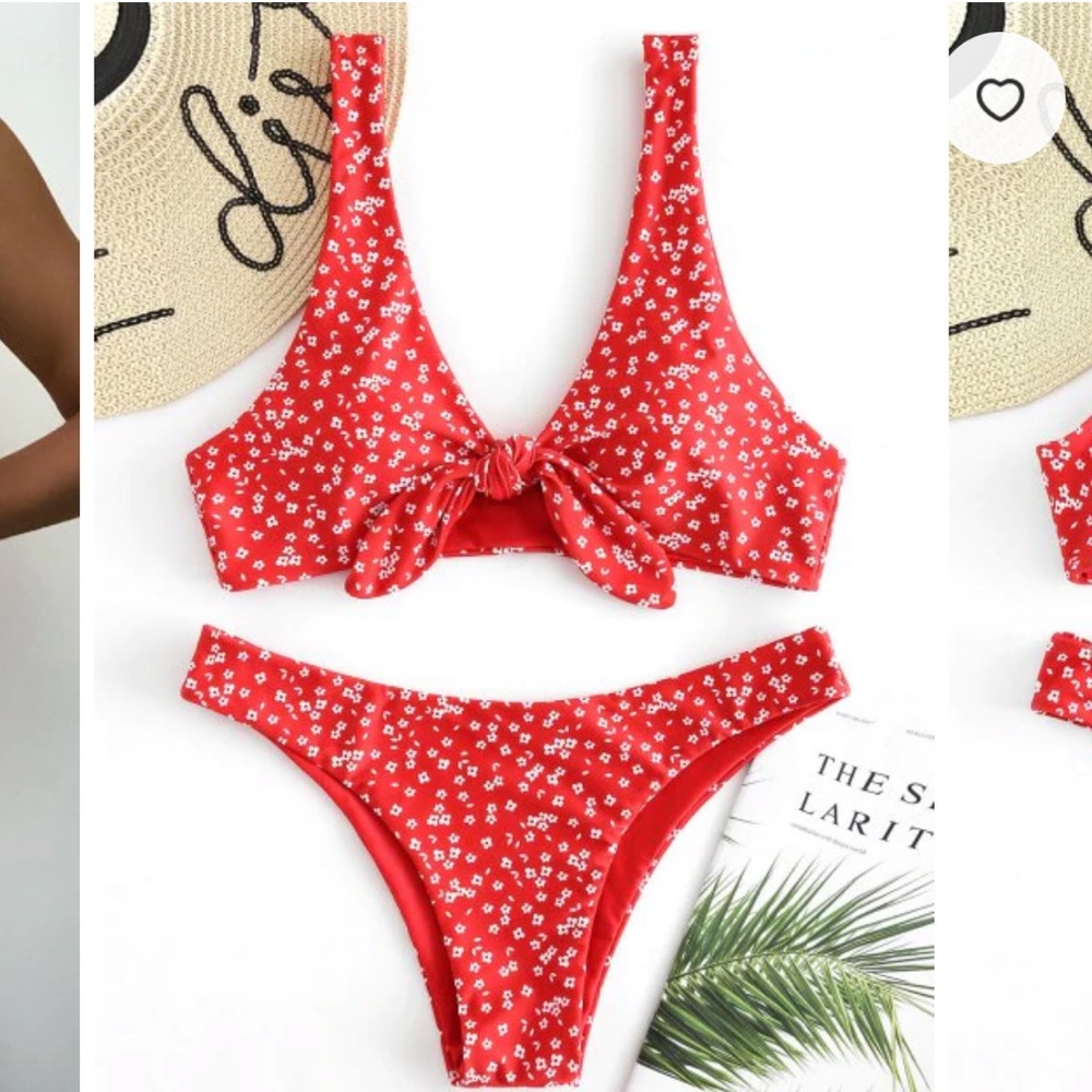 Shein Red Floral Print Tie Bikini